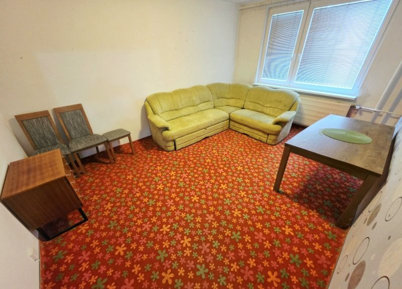 Living room in a 3-room apartment with a floral carpet and a corner sofa.