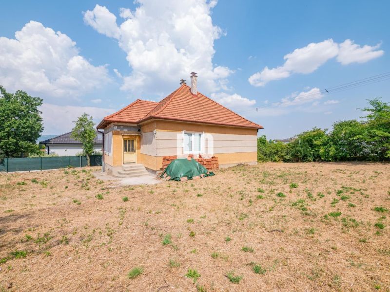 A family house in Nitra with a red roof surrounded by a large yard and greenery.