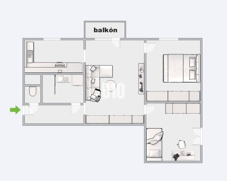 Floor plan of a 3-room apartment with a bedroom, living room, kitchen, and balcony.
