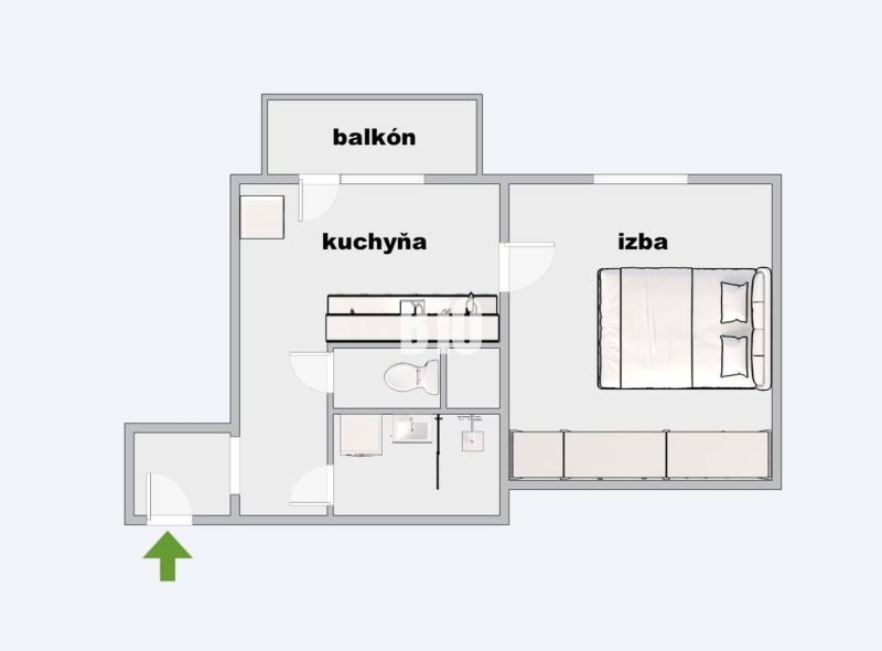 Floor plan of a 1-bedroom apartment with a balcony and a kitchen.