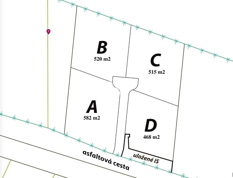 Residential plots in Nové Sady: four parcels (A, B, C, D) by the asphalt road.
