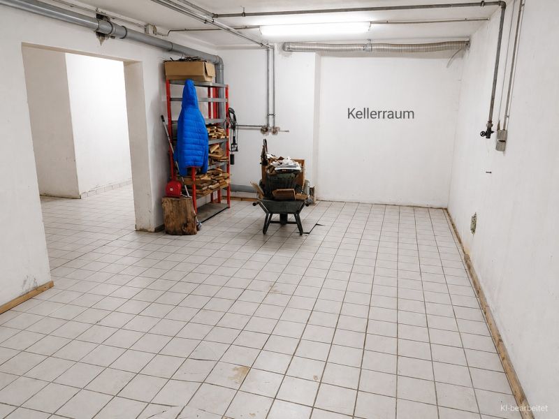 Basement with tiles, a shelf, and a coat in a family house.