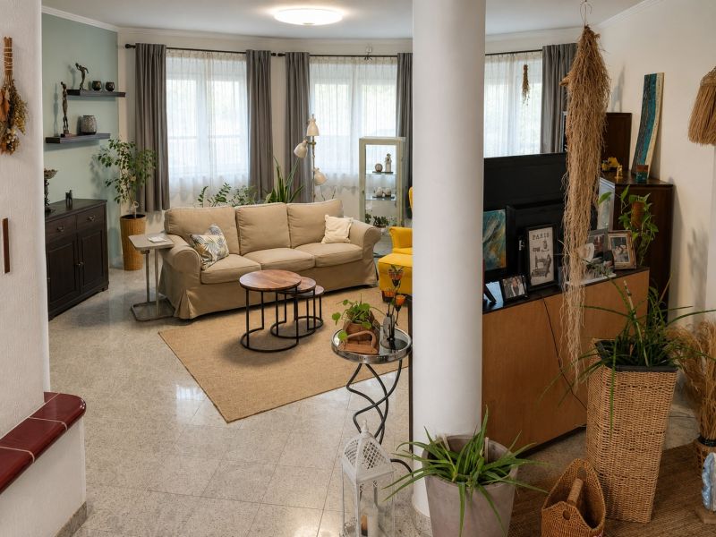 Living room in a family house with a comfortable sofa, plants, and decorative elements.