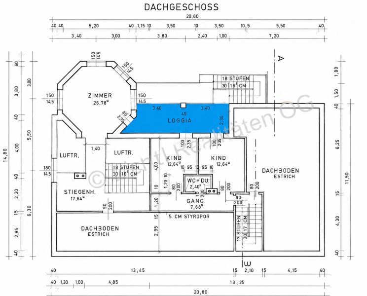 The attic floor of the family house in Podersdorf am See shows rooms with exact dimensions.