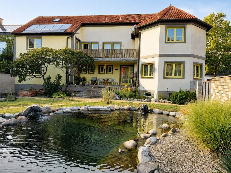 A family house in Podersdorf am See with a large garden, a pond, and solar panels.