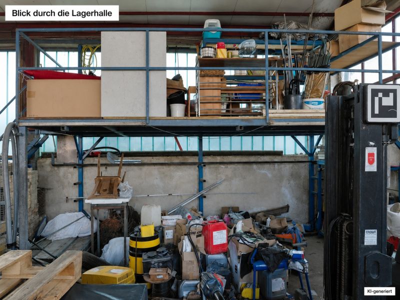 A stocked warehouse hall with various equipment and pallets in a family house.