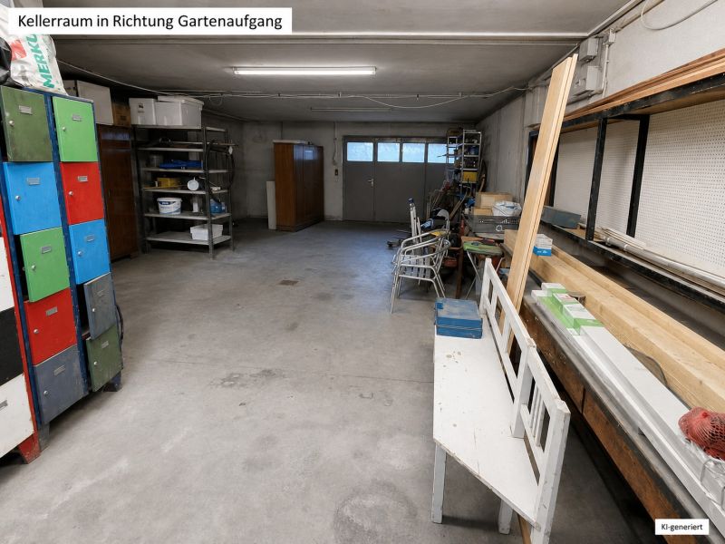A basement in a family house with colorful cabinets and wooden boards on the shelf.