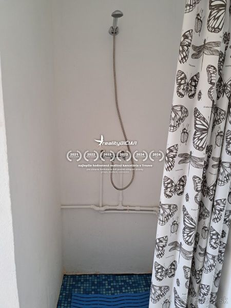 Shower corner with a white curtain featuring a butterfly motif in the cabin.