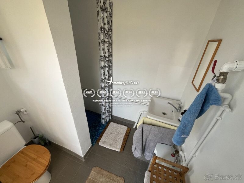 A bathroom with a toilet, sink, and shower in a cabin with a simple design.