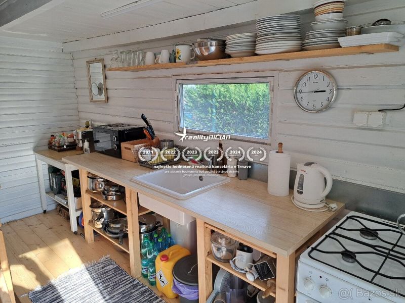 A kitchen in a cottage with shelves, a counter, and a floor with a wood decor.