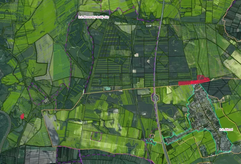 Aerial view of agricultural and forest lands around Moravský Svätý Ján.