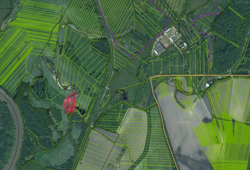 Aerial view of agricultural and forest lands around Moravský Svätý Ján.
