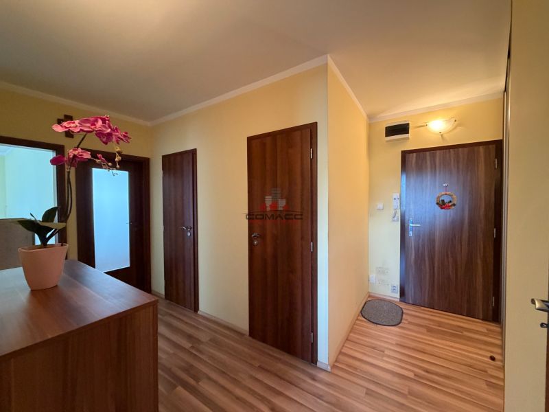 A hallway in a 3-room apartment with doors and flooring featuring a wood decor.