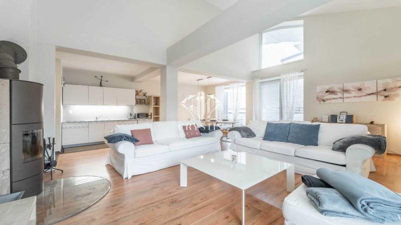 Bright living space with a fireplace, sofas, kitchen, and wood-decor flooring in a vacation apartment.