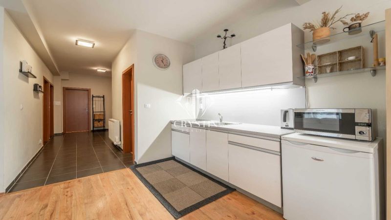 A kitchenette with a counter and a microwave, a floor with a wooden decor in a recreational apartment.