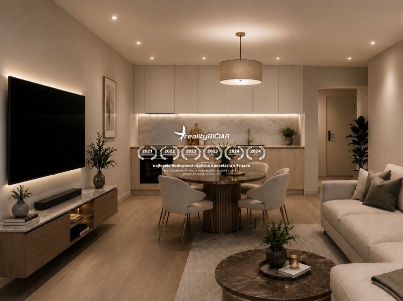 Living room in a three-room apartment with a wooden decor floor and comfortable seating.
