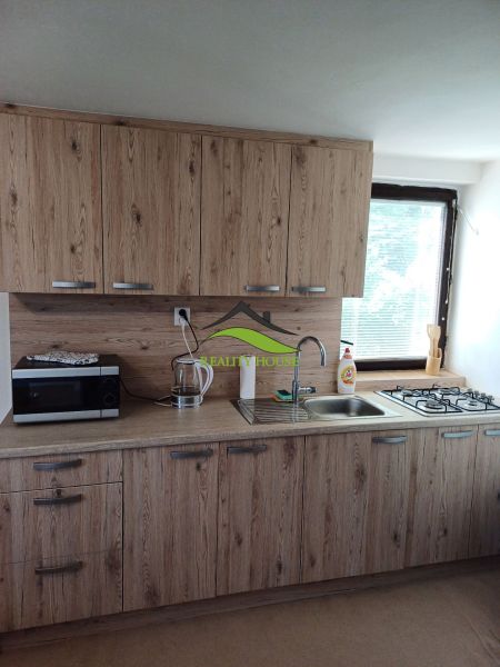 A kitchen with wooden decor, cabinets, a stove, a sink, and a microwave in a cabin.