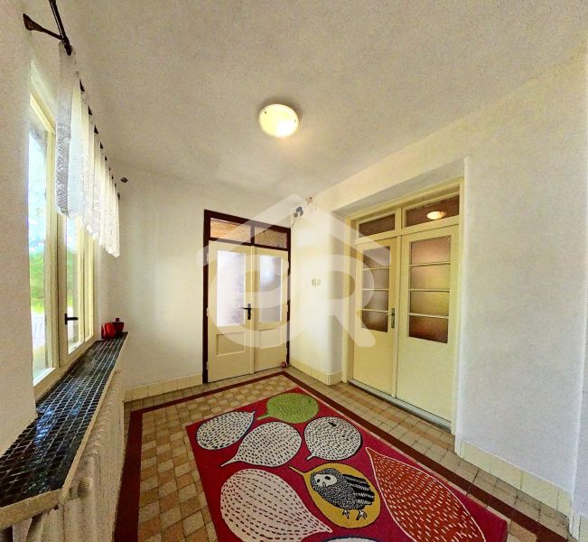A hallway in a family house with a colorful carpet and glass doors.
