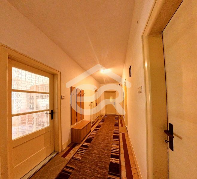 A hallway in a family house with a long floor and doors with glass panels.