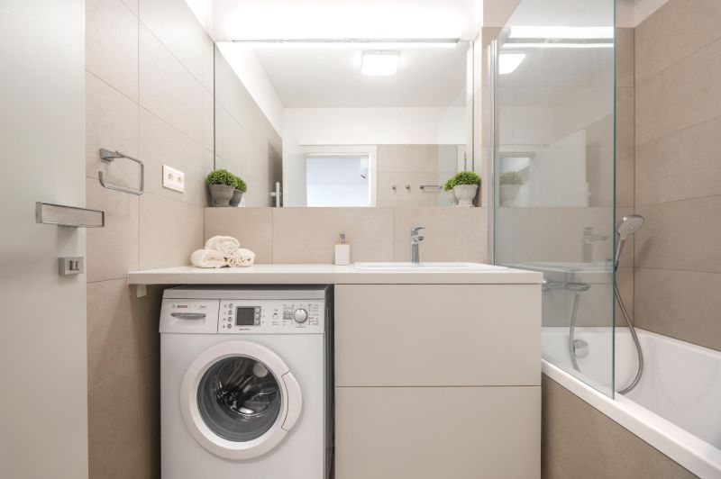 Bathroom with a shower, washing machine, and sink in a 2-room apartment.