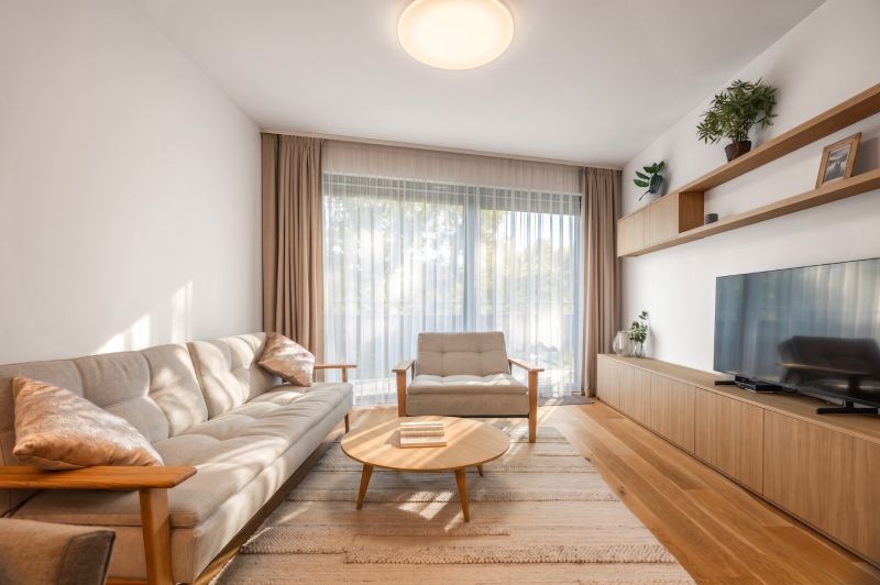 Living room in a two-room apartment, light furniture, aesthetic carpet, wooden decor flooring.