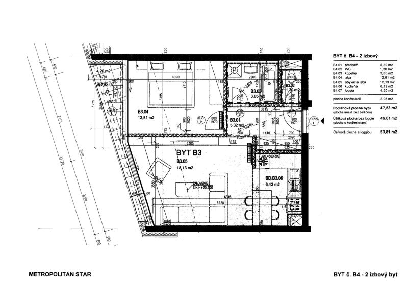 Floor plan of a 2-room apartment with a hallway, bathroom, living room, and loggia.