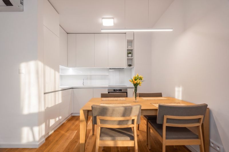 A kitchen in a 2-room apartment with a dining table and a wooden decor floor.