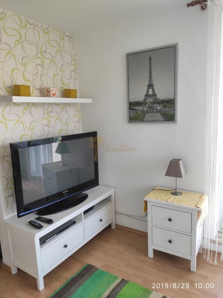 Living room in a two-room apartment with light furniture and Eiffel Tower decoration.