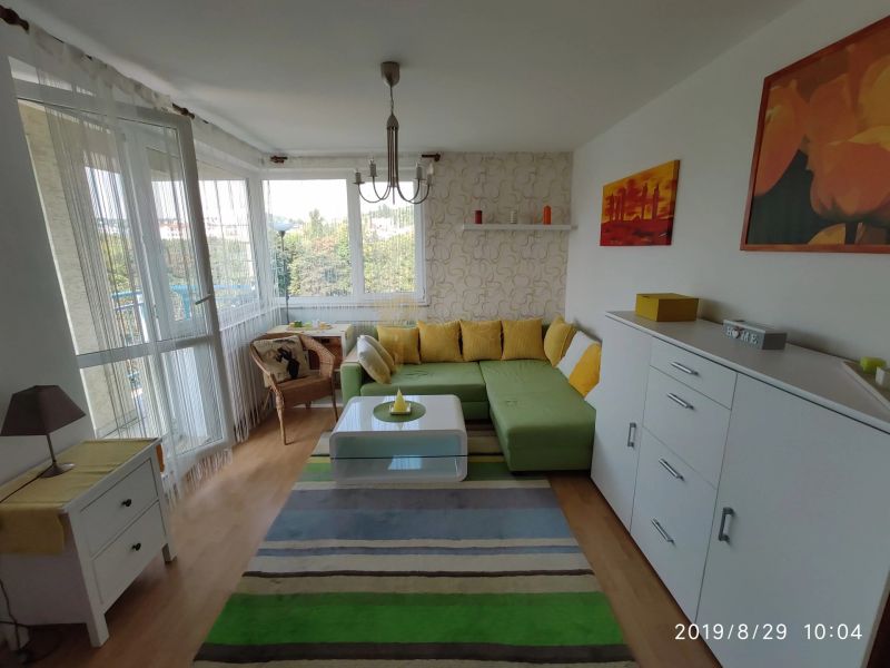 Living room in a two-room apartment with a corner sofa and a wooden decor floor.