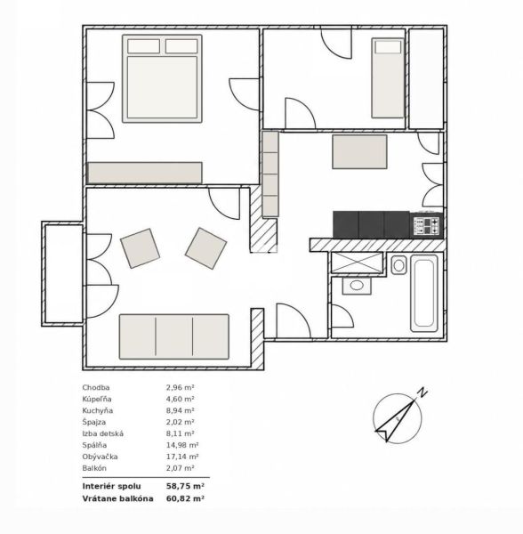 Floor plan of a 3-room apartment with a spacious living room, kitchen, and two bedrooms.