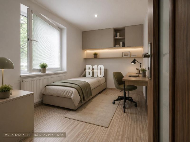 Children's room in a 3-room apartment with a bed, a desk, and a wooden decor floor.