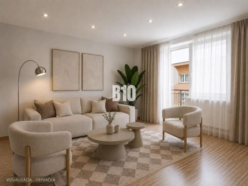 Living room with a sofa, armchairs, a lamp, and a wooden decor floor in a 3-room apartment.