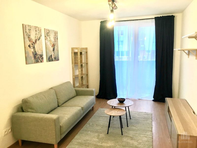 Living room in a two-room apartment with a sofa and tables on a floor with a wooden decor.