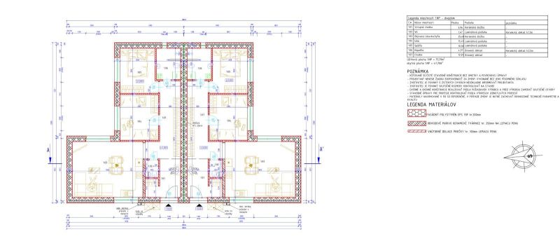 Plan of proposed semi-detached houses with parking spaces and a public sidewalk in the city of Poprad.