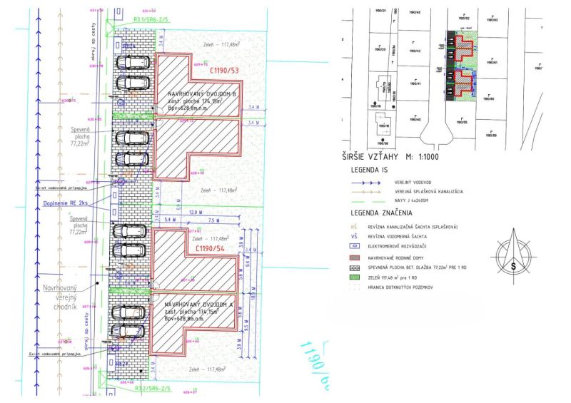 Plan of proposed semi-detached houses with parking spaces and a public sidewalk in the city of Poprad.