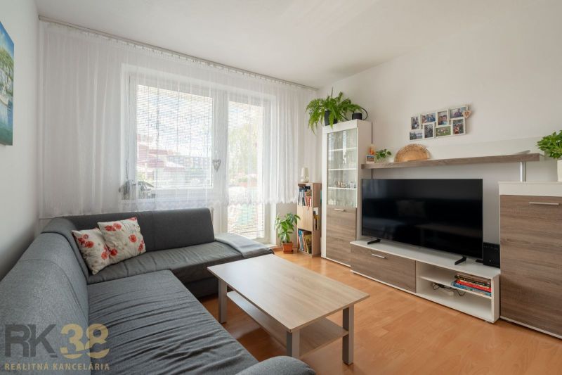Living room in a 3-room apartment with a sofa, television, and wooden decor flooring.