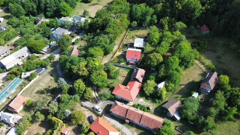 A top view of green gardens in the village of Kolačno with the surrounding houses.