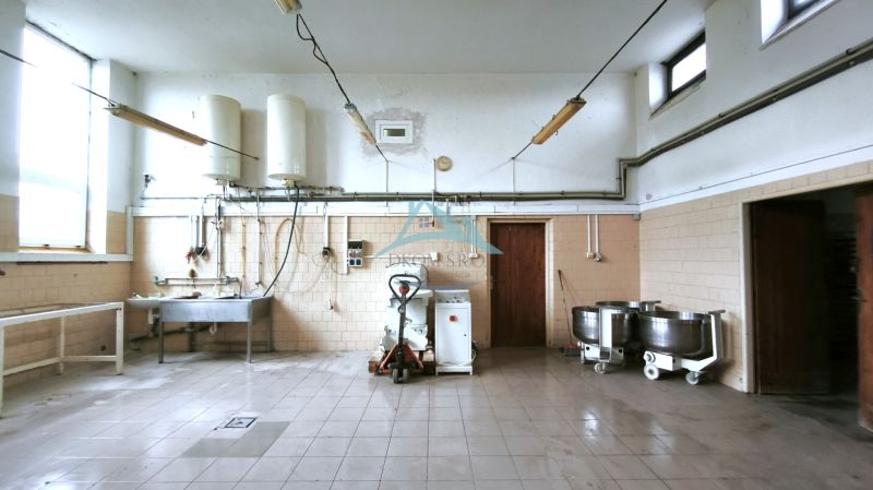 Production premises with a sink, accessories, wall-mounted boilers, and a hand truck.