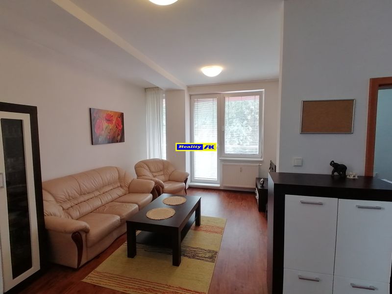 Living room in a two-room apartment with a wooden decor floor and a sofa.