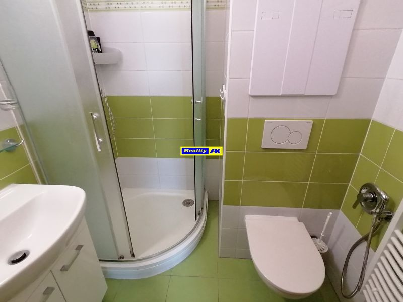 A bathroom with a shower and green tiles in a 2-room apartment.