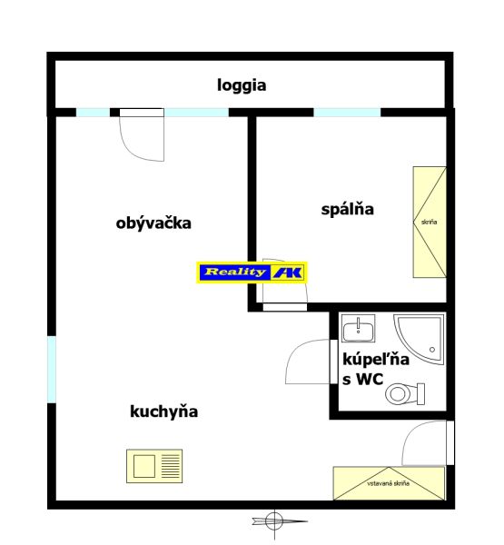 Floor plan of a 2-room apartment with a loggia, living room, kitchen, and bathroom with toilet.