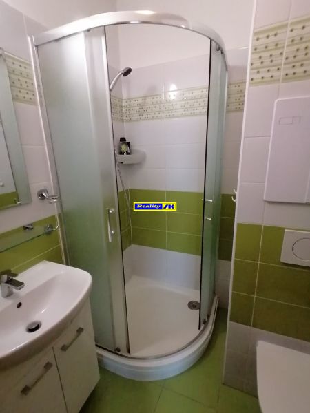 A bathroom with a shower and green tiles in a 2-room apartment.
