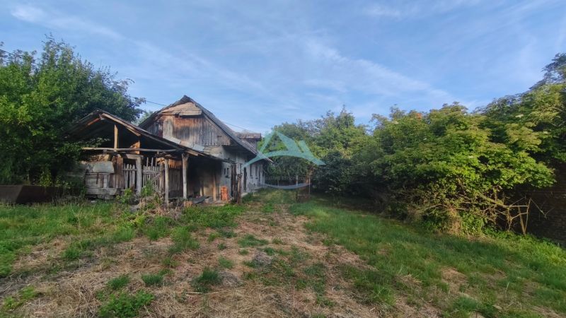 An older family house in Čelovce surrounded by greenery, lawn, and blue sky.