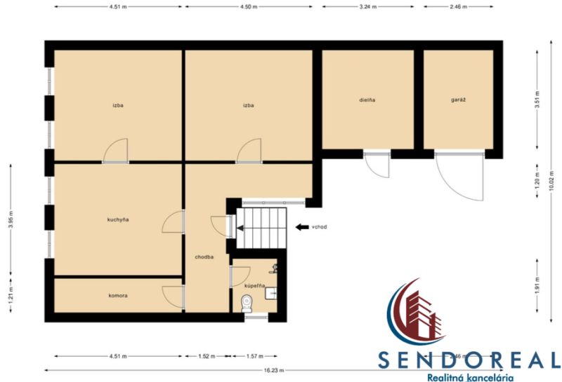 Floor plan of a family house in Dolné Otrokovce with a room, workshop, and garage.