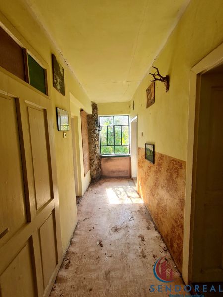 A hallway in a family house with a window at the end and decorations on the walls.