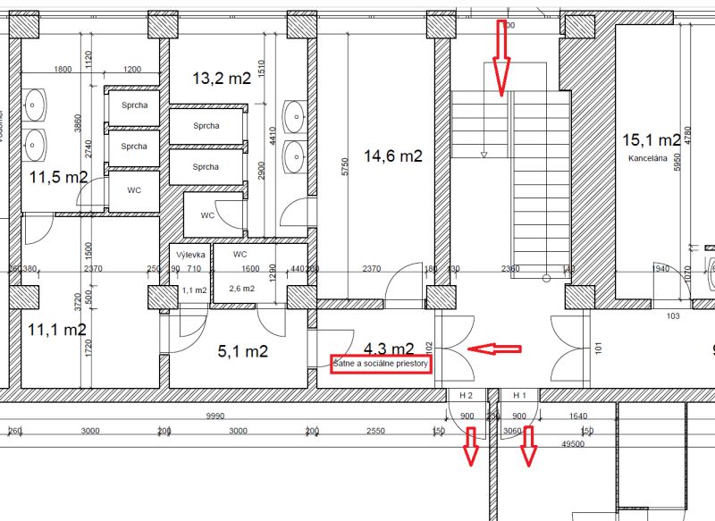 Floor plan of the production area with changing rooms and an office.