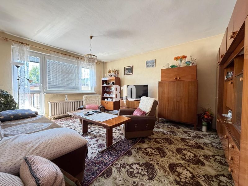 Living room in a family house with wooden furniture and a decorative carpet.