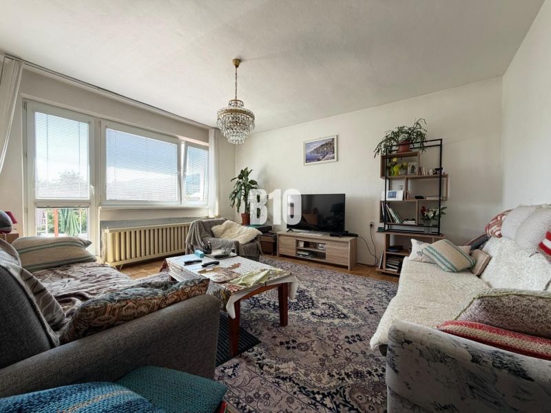 Living room in a family house with large windows, wooden decor flooring, and comfortable seating.