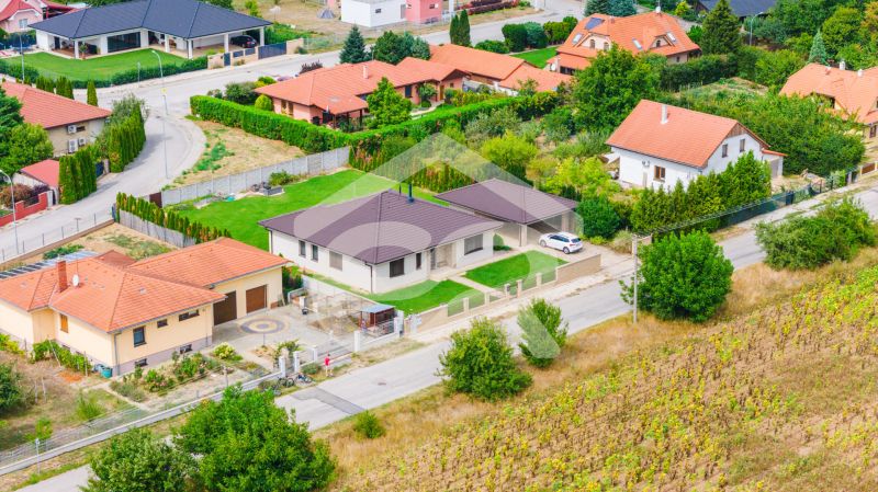 Aerial view of family houses on Družstevná Street in Vráble surrounded by greenery and vegetation.