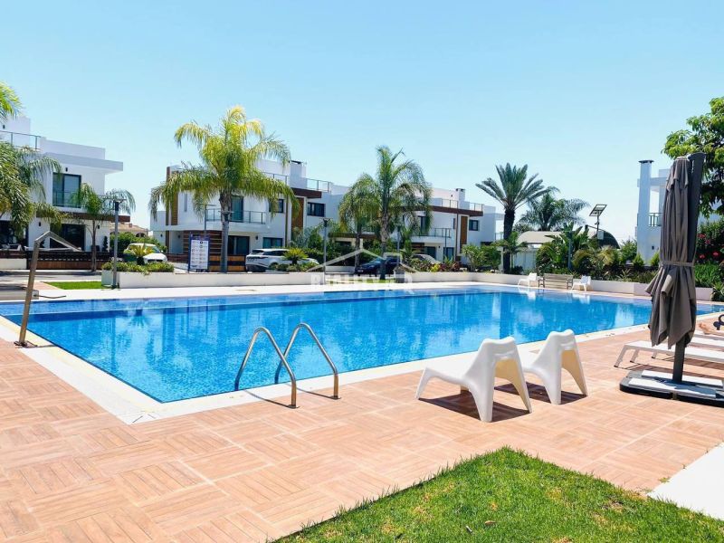 A family house in Yeni Boğaziçi with a garden and a swimming pool, surrounded by palm trees.